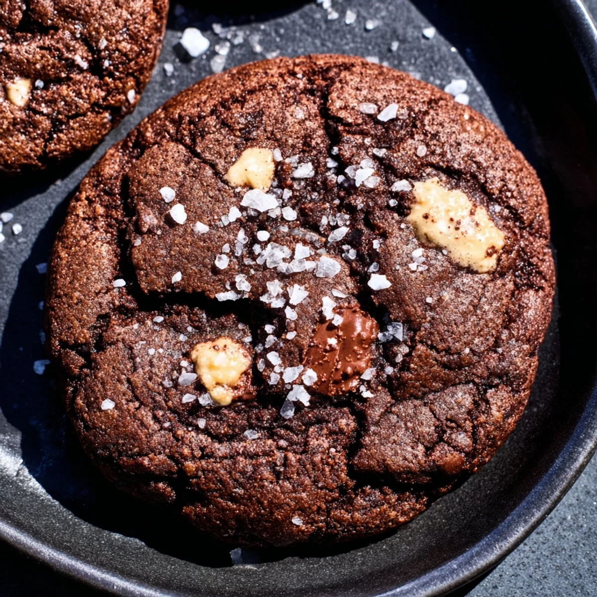 Gooey Warm Chocolate Chunk Skillet Cookie, served warm with vanilla ice cream and flaky sea salt.
