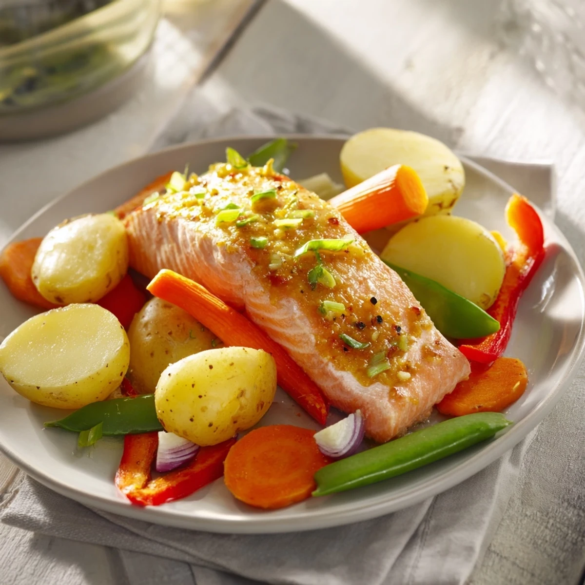 Golden-brown One-Tray Baked Salmon with vibrant roasted vegetables and a glossy honey mustard glaze.