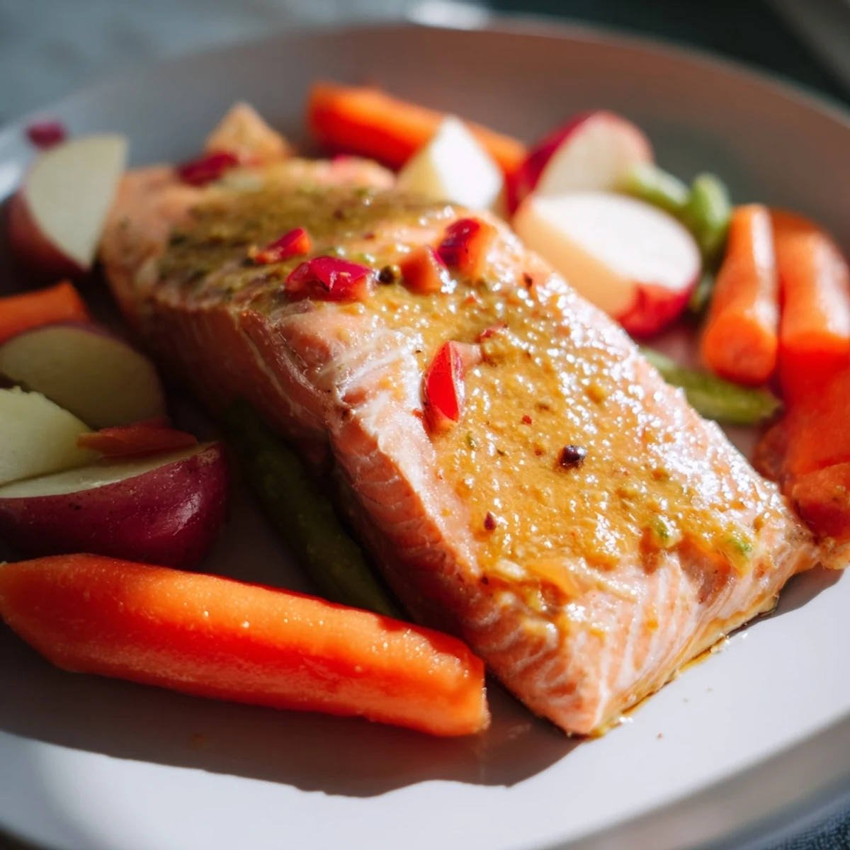Picture a delicious, healthy One-Tray Baked Salmon dish with a flavorful honey mustard sauce coating.