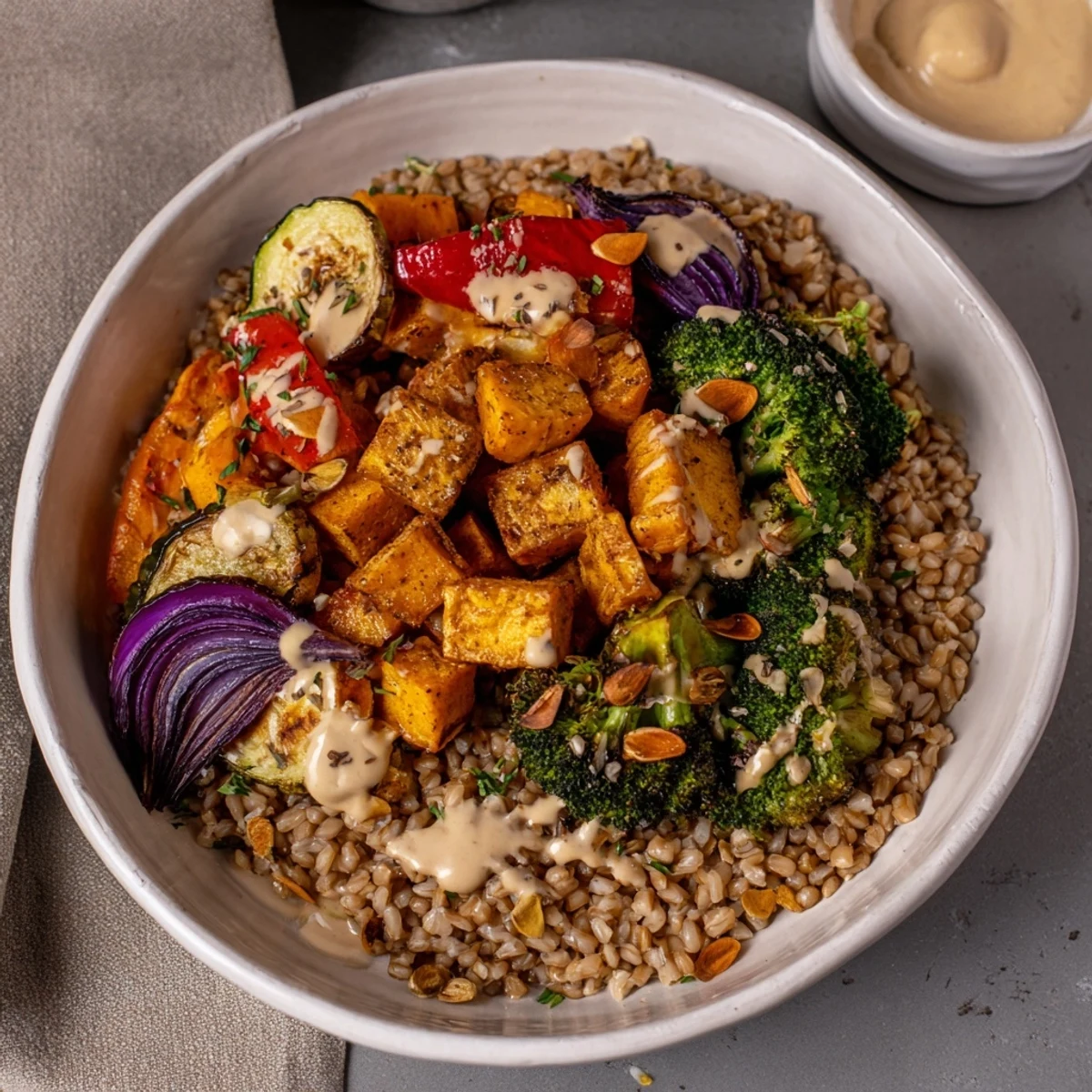 Hearty Roasted Vegetable and Farro Bowl with colorful roasted vegetables and creamy tahini dressing.