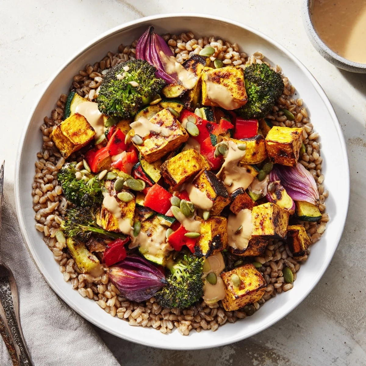 A vibrant close-up shows a nutritious Hearty Roasted Vegetable and Farro Grain Bowl, ready to serve and enjoy.
