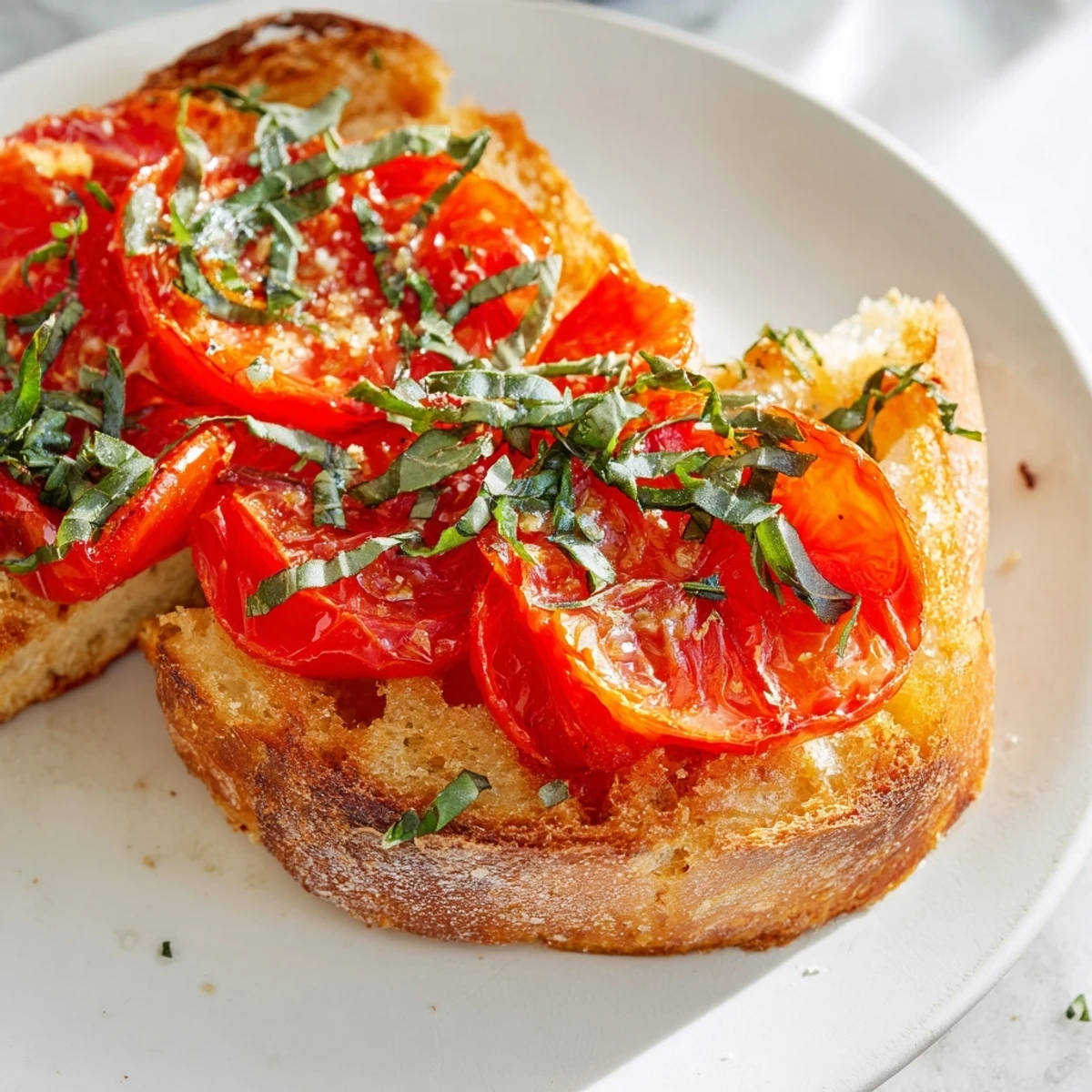 Simple homemade tomato and basil flatbread with glistening tomato slices, baked to golden perfection.
