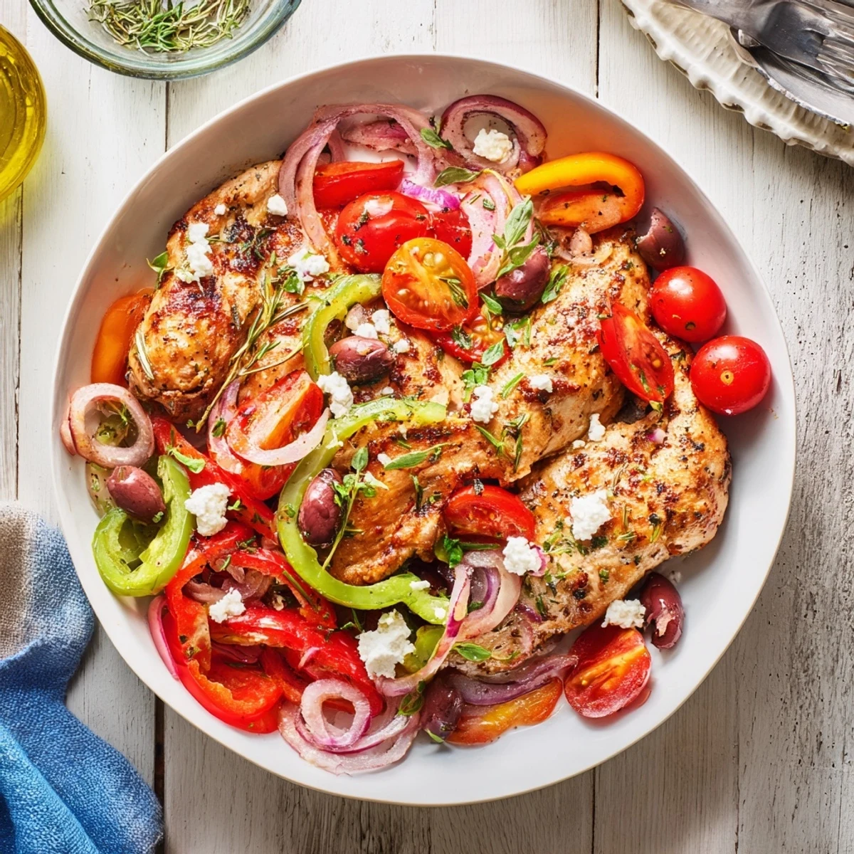 Golden Easy Sheet Pan Greek Chicken cooked with vibrant peppers and fresh herbs, ready to enjoy.