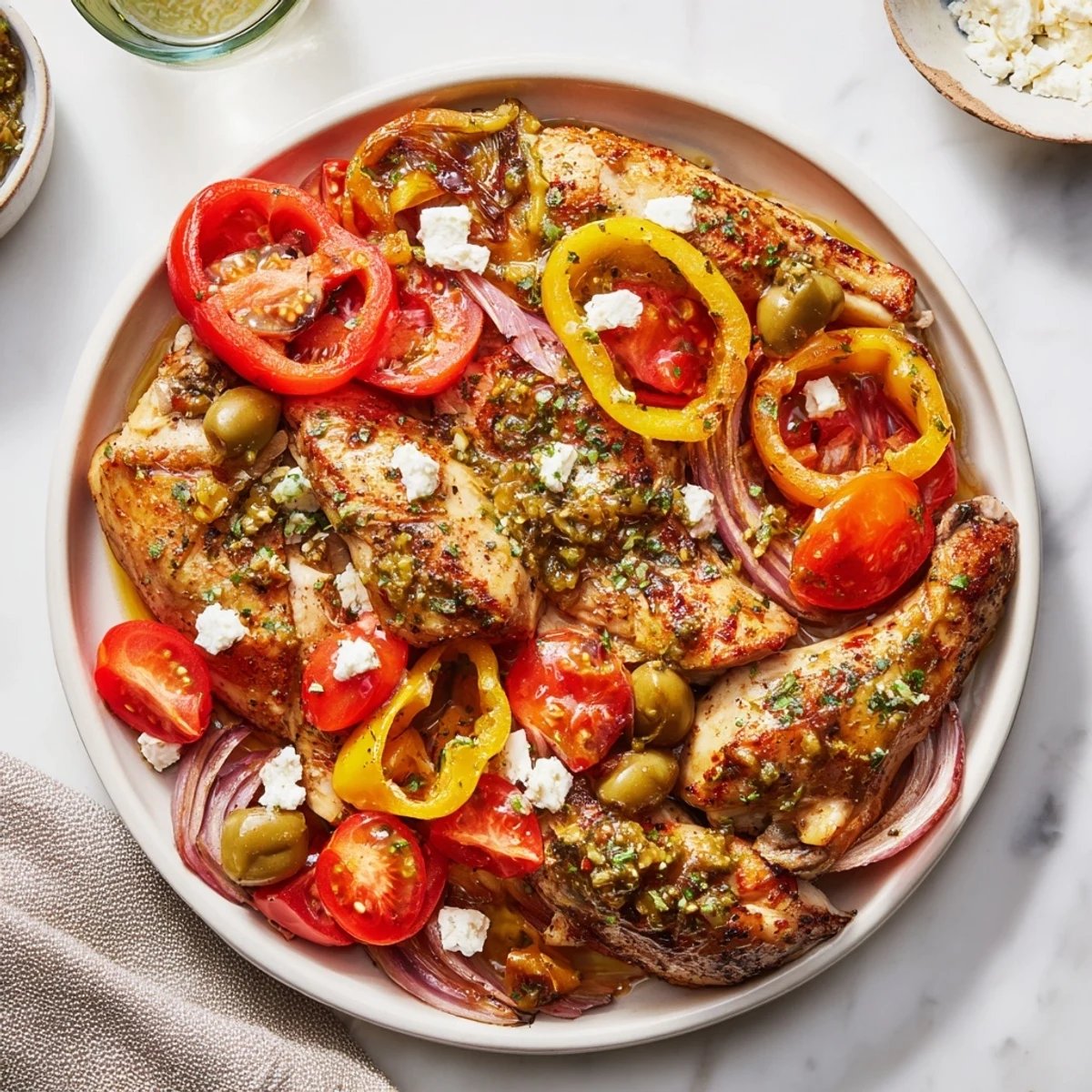 Roasted Easy Sheet Pan Greek Chicken, showcasing tender chicken thighs and colorful, caramelized vegetables on a sheet pan.