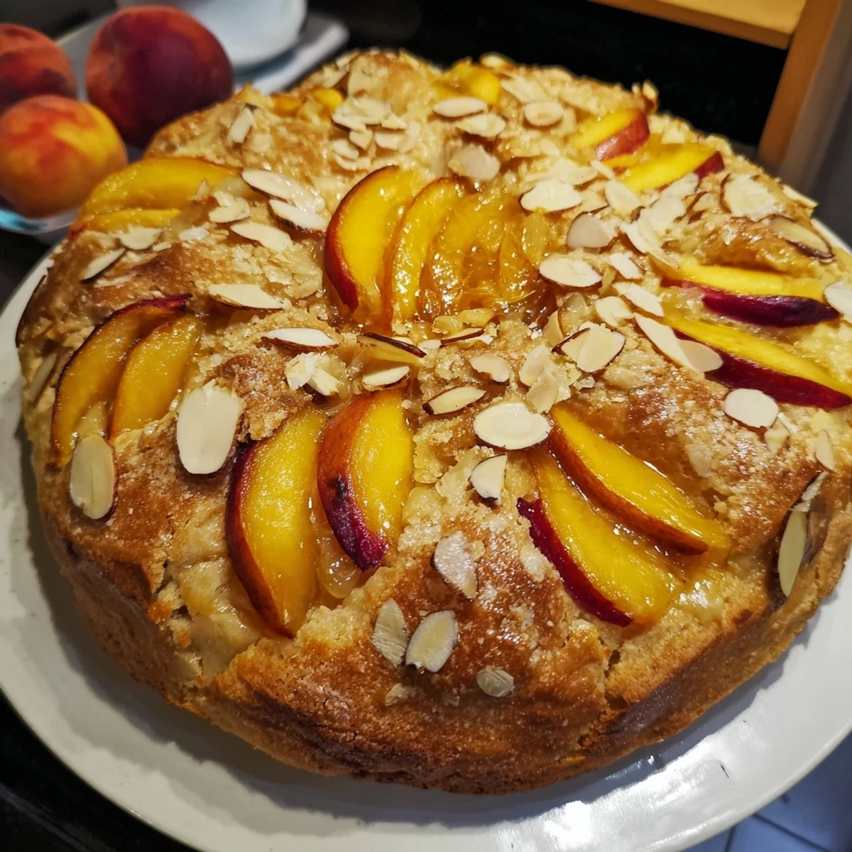 Golden-crusted Rustic Peach and Almond Tart, brimming with juicy peaches and a creamy almond filling.