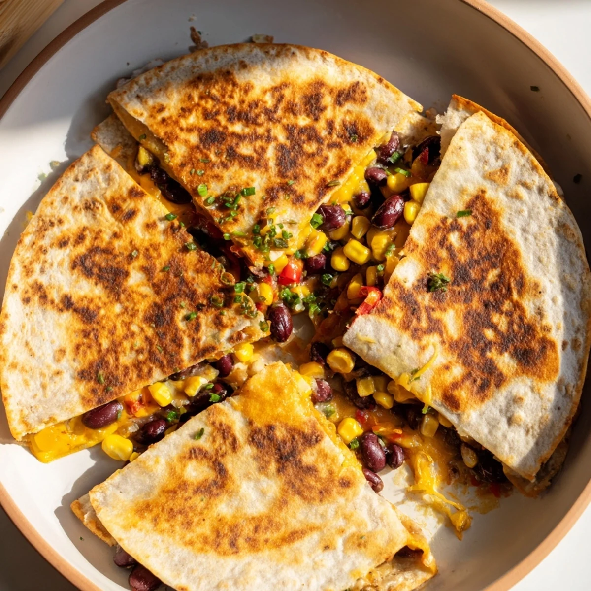 Crispy-edged Quick Black Bean and Corn Quesadillas, a fast and flavorful vegetarian weeknight dinner.