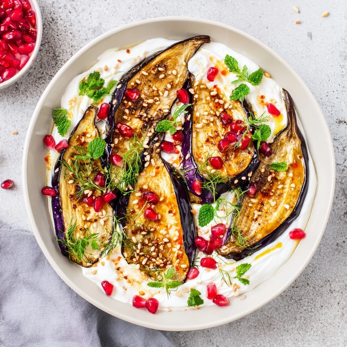 Golden roasted eggplant with juicy pomegranate seeds and creamy yogurt sauce, delicious and vibrant.