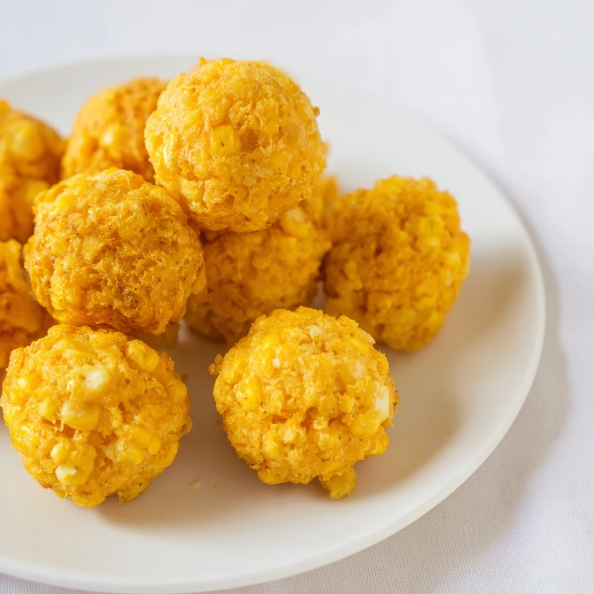 Golden corn and cheddar fritters, crispy and golden brown, are served warm with fresh herbs.