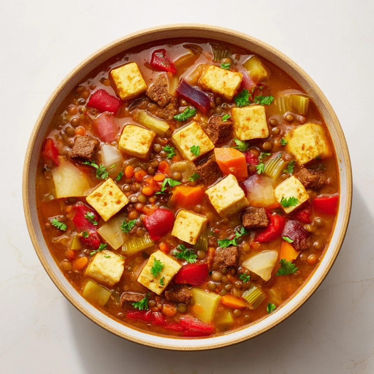 Steaming bowl of One-Pot Spicy Beef and Lentil Soup, topped with fresh cilantro garnish and lemon.