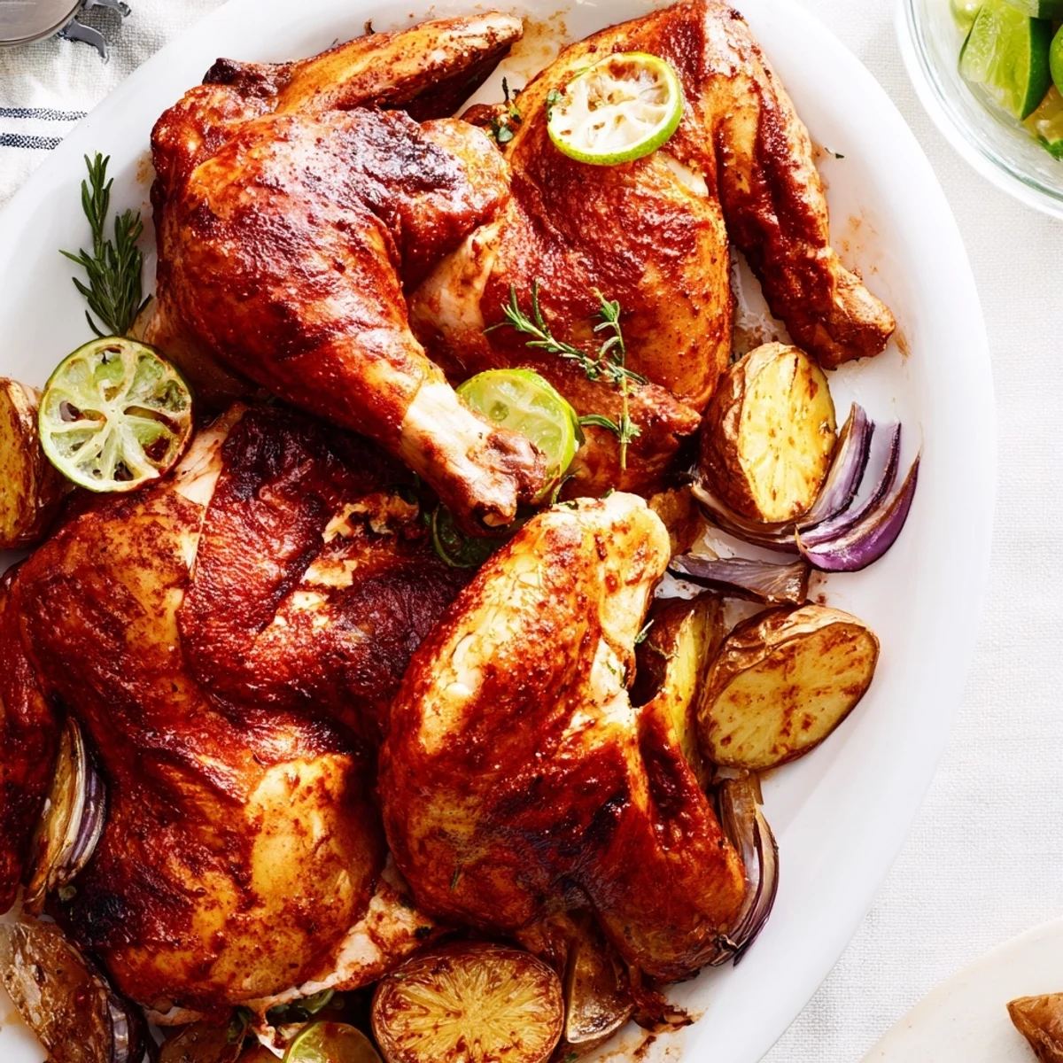 Golden, crispy-skinned one-dish baked chicken thighs with lemon, thyme aroma, and tender potatoes.