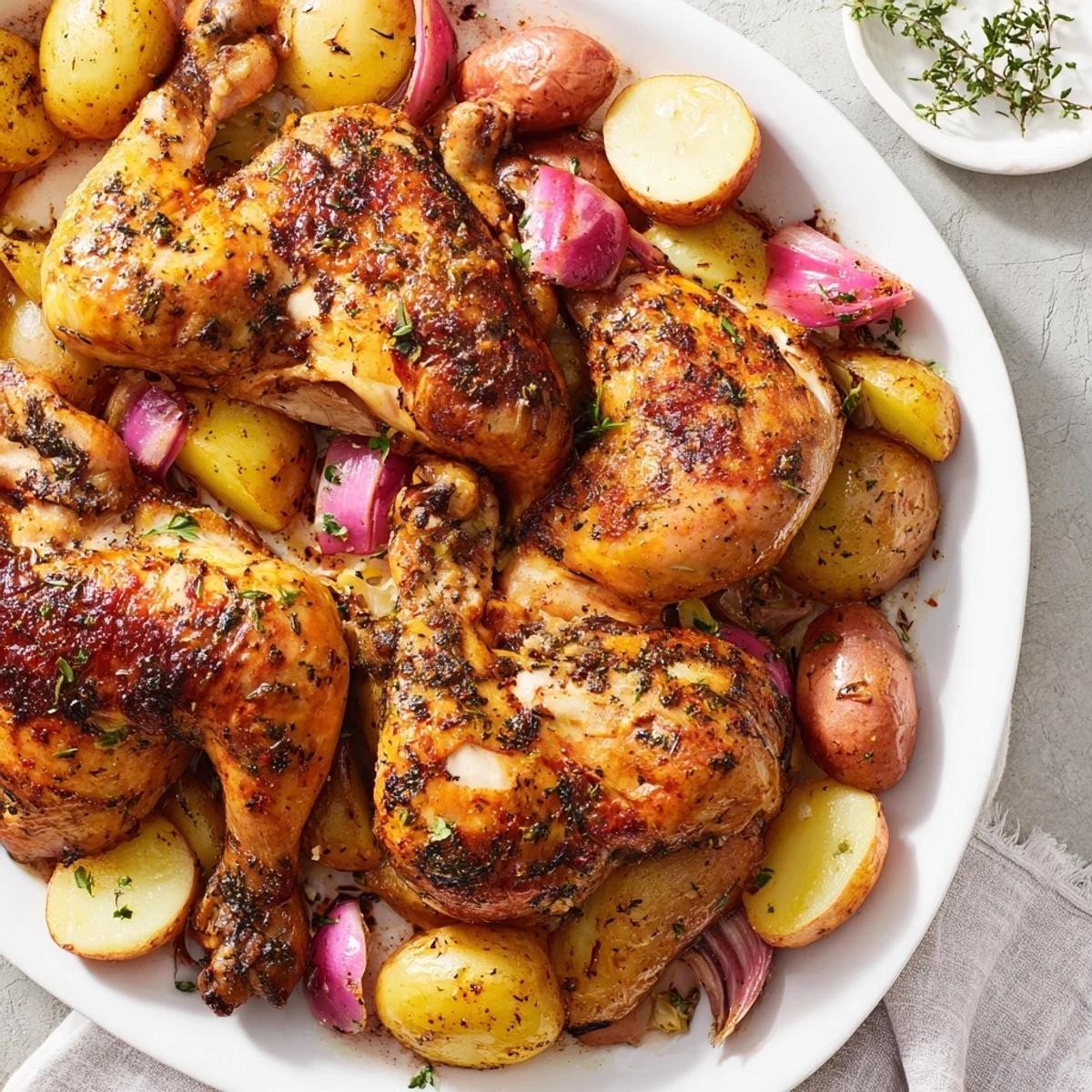 Aromatic one-dish baked chicken thighs recipe showcasing juicy lemon wedges and herb-infused potatoes.