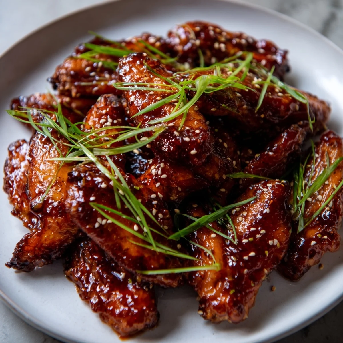 A plate of sticky Honey-Chili Glazed Chicken Wings, garnished with sesame seeds and green onions, ready to share.
