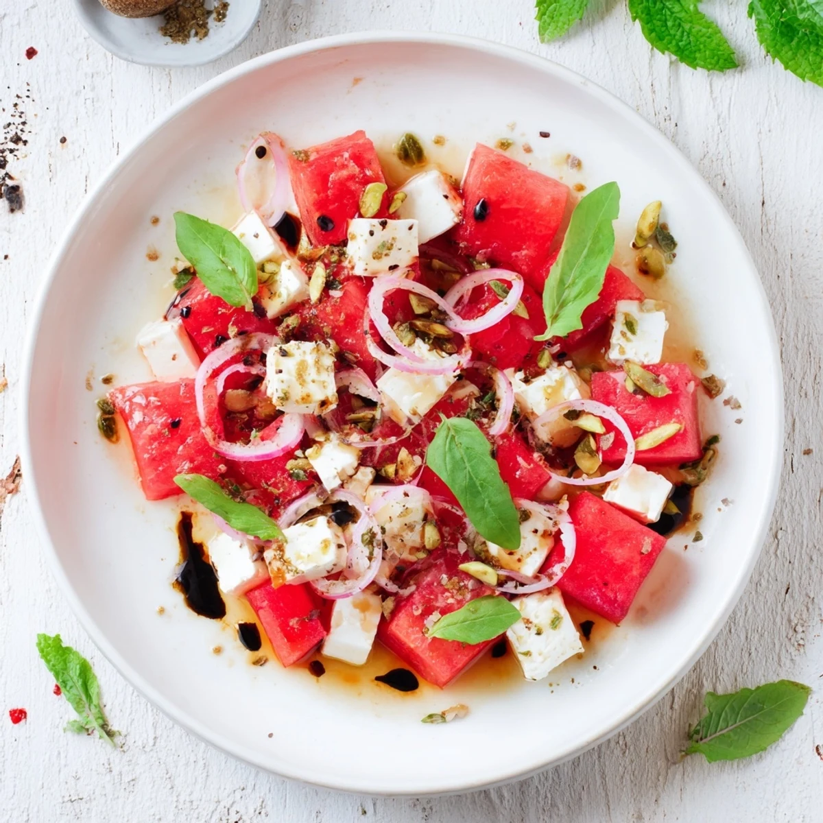 Refreshing Fresh Watermelon and Feta Salad topped with crumbled cheese and drizzled balsamic glaze, perfect for picnics.