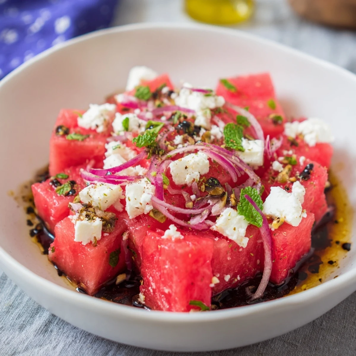 Fresh Watermelon and Feta Salad, a colorful summer dish with juicy watermelon cubes and salty feta.