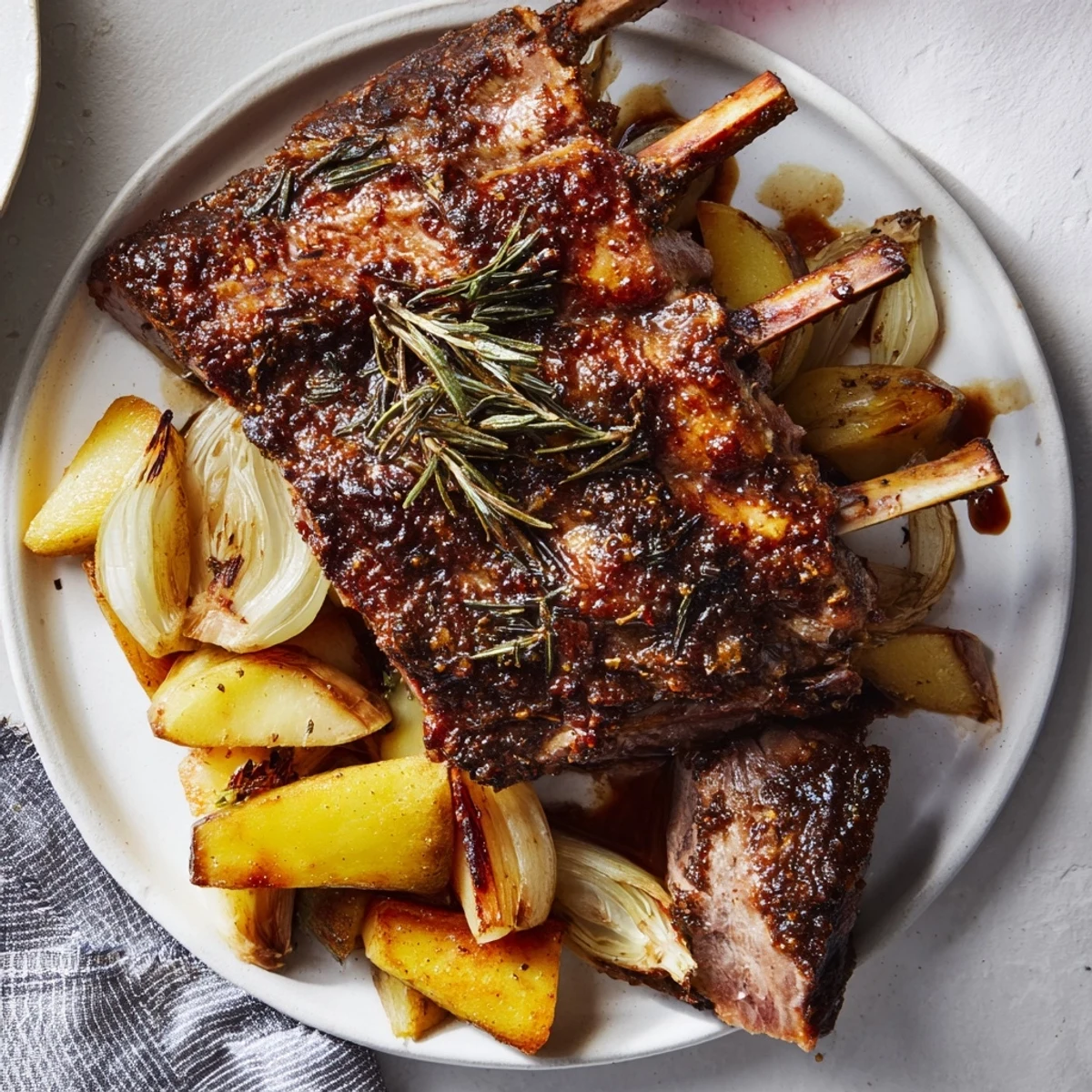 Slow-roasted lamb shanks glistening, tender meat falling off the bone, rich with rosemary flavor.