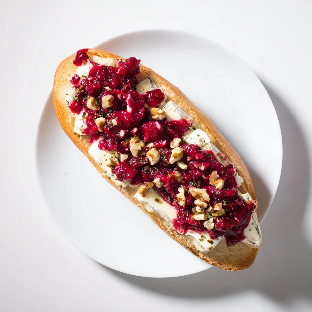 Close-up of Festive Holiday Cranberry and Brie Crostini with a sprinkle of herbs, ready to serve and enjoy.