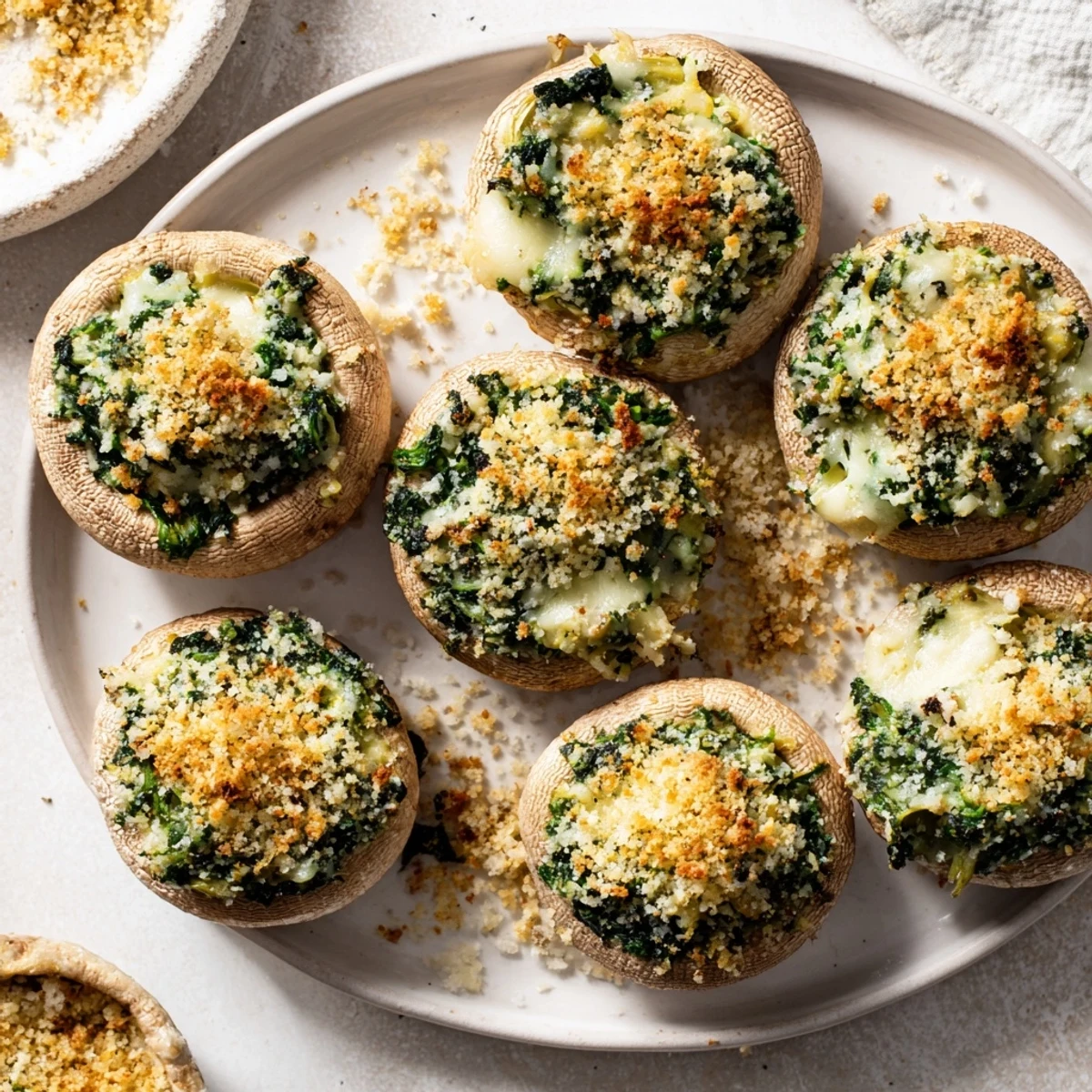 Close-up of baked Creamy Spinach and Artichoke Stuffed Mushrooms, perfectly browned and incredibly savory.
