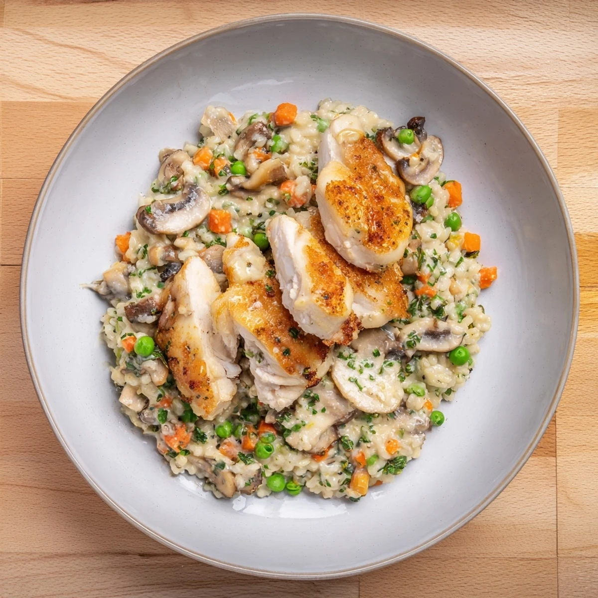 This All-in-One Pan Creamy Chicken and Wild Rice shows tender chicken resting atop savory wild rice and vegetable medley.