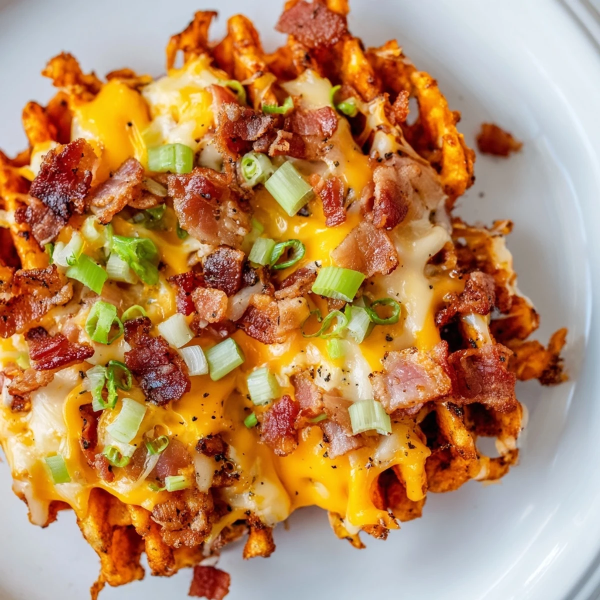 A platter of Loaded Sweet Potato Fries: crispy waffle fries topped with cheese, ranch drizzle, and bacon bits.