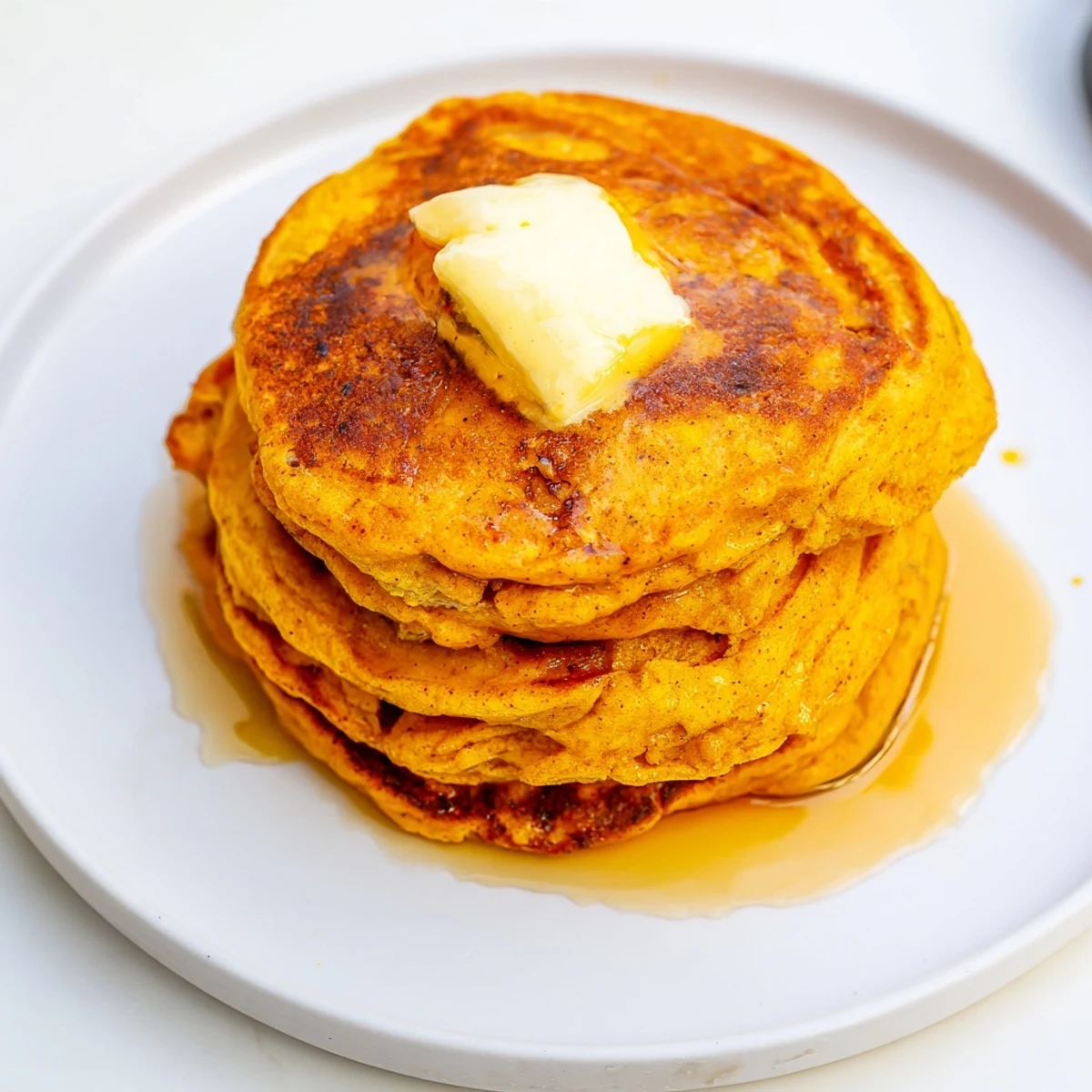 Steaming plate of warm pumpkin spice pancakes, featuring a hint of autumn sweetness.