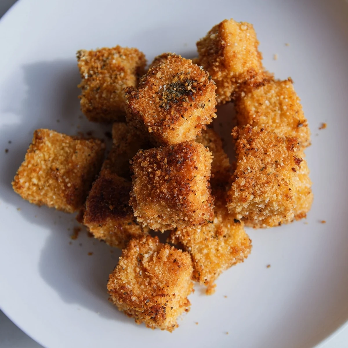 Golden-brown popcorn tofu bites, perfectly crispy and ready to serve with several dipping sauces.