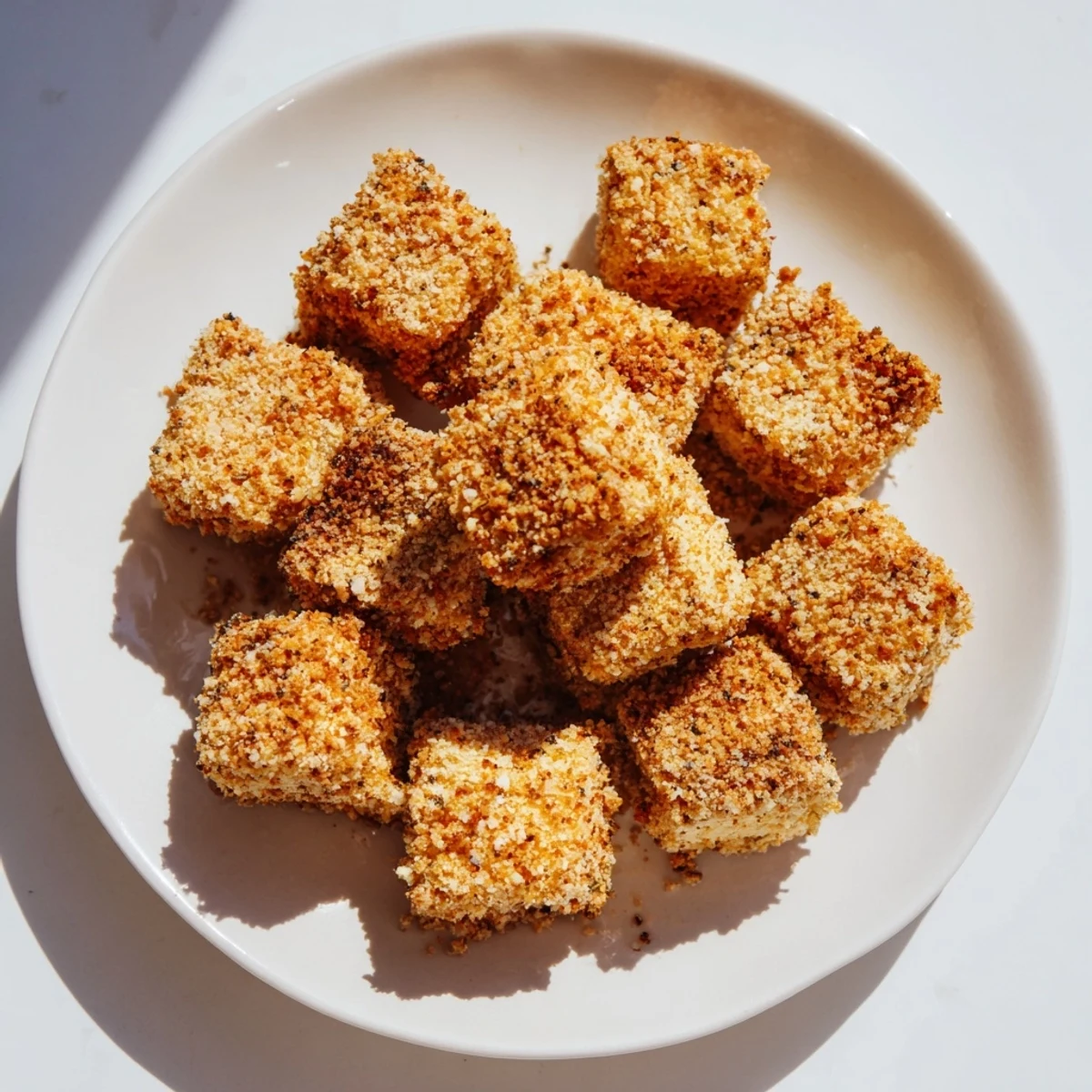 Crisp, plant-based popcorn tofu bites, coated in savory breading and baked to golden perfection for a satisfying snack.
