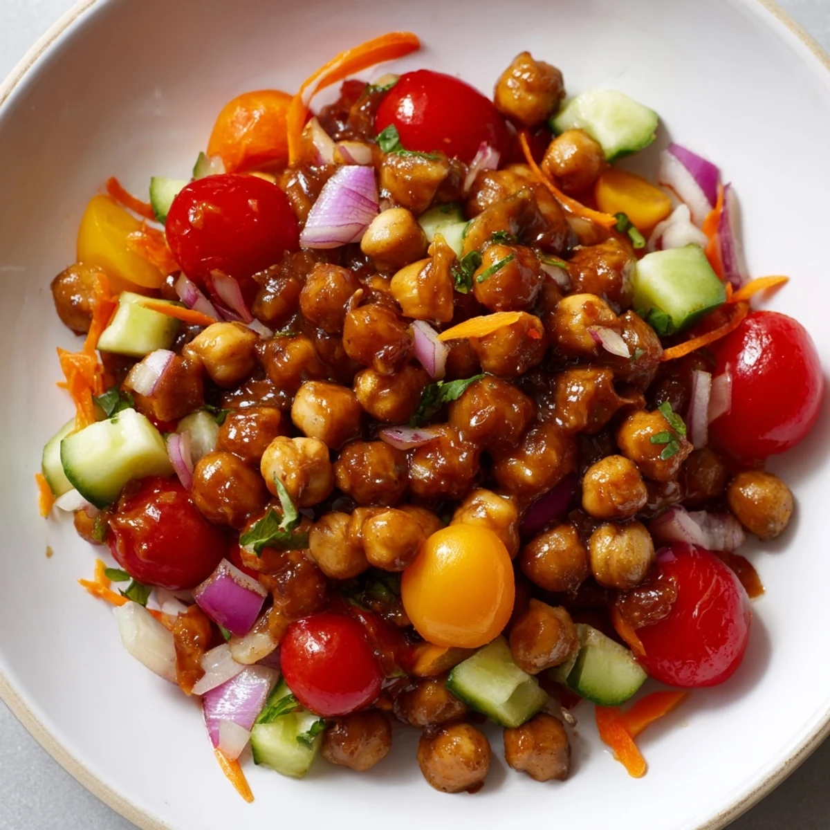 A colorful bowl of BBQ Chickpea Salad, featuring zesty sauce over beans and peppers.