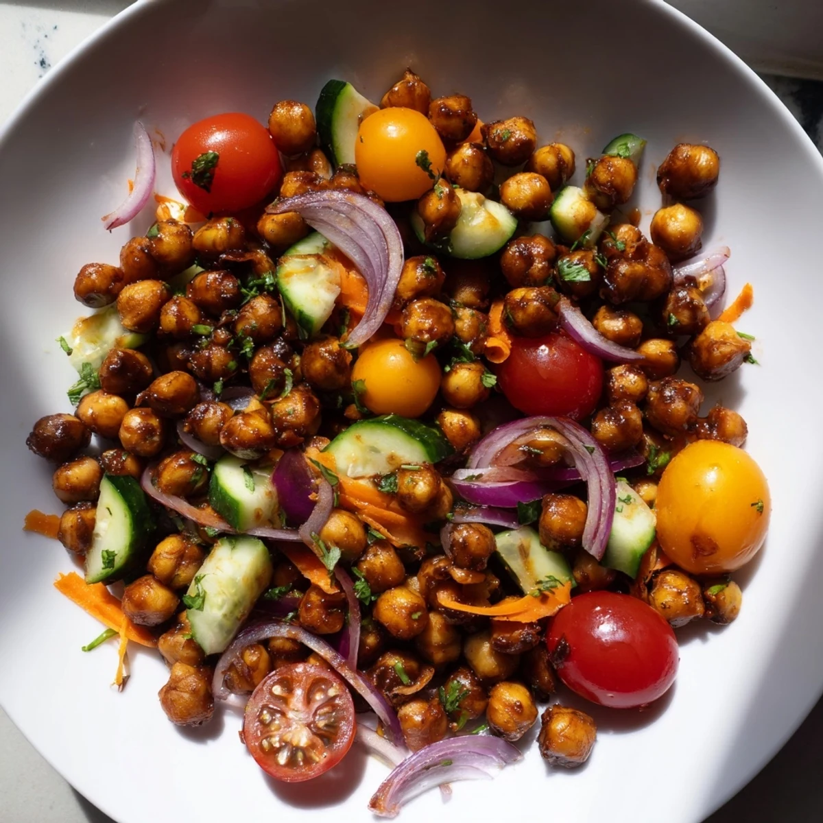 Smoky BBQ Chickpea Salad, bursting with red tomatoes and crisp vegetables, ready to serve.