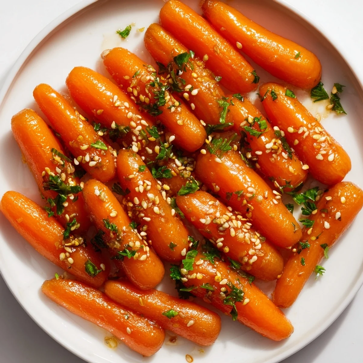 Honey Soy Roasted Carrots glistening with a sweet, savory glaze, ready for a delicious side dish.