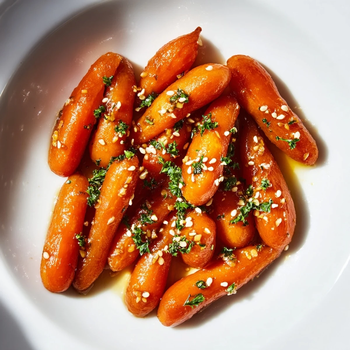 Close-up shows tender Honey Soy Roasted Carrots, a healthy and flavorful vegetarian side.