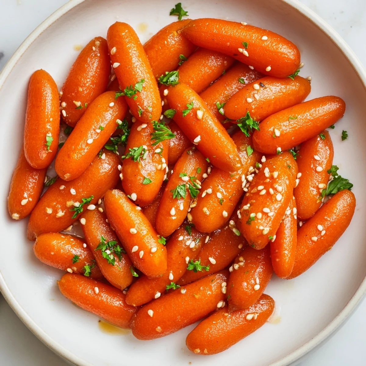 Vibrant image of Honey Soy Roasted Carrots, perfectly caramelized and sprinkled with sesame seeds.