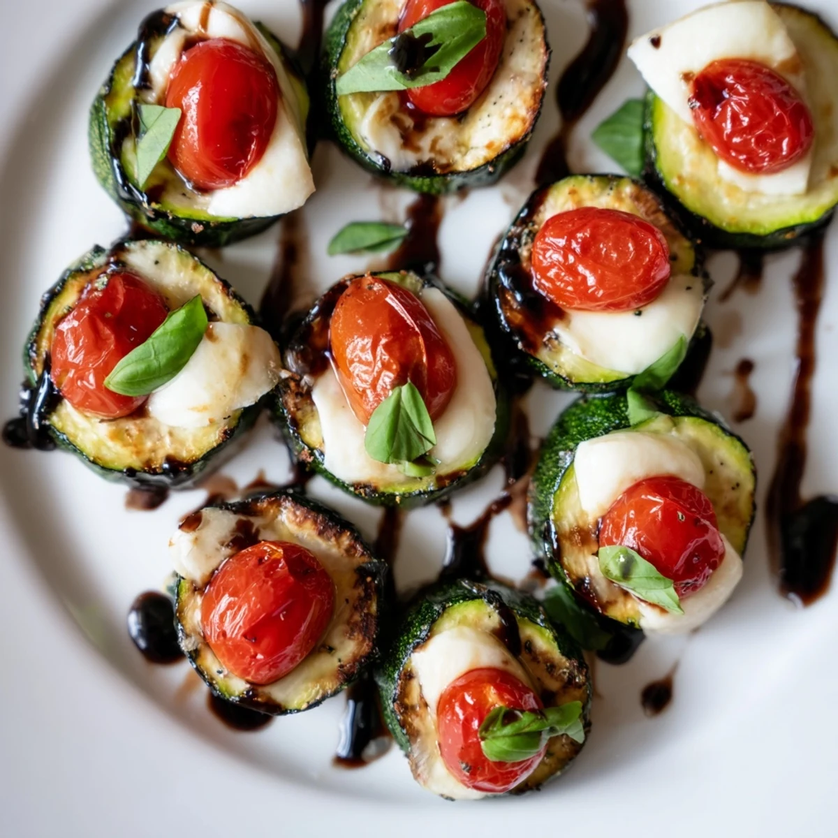 Freshly baked Zucchini Caprese Bites, featuring vibrant tomatoes, mozzarella, and basil with balsamic drizzle.
