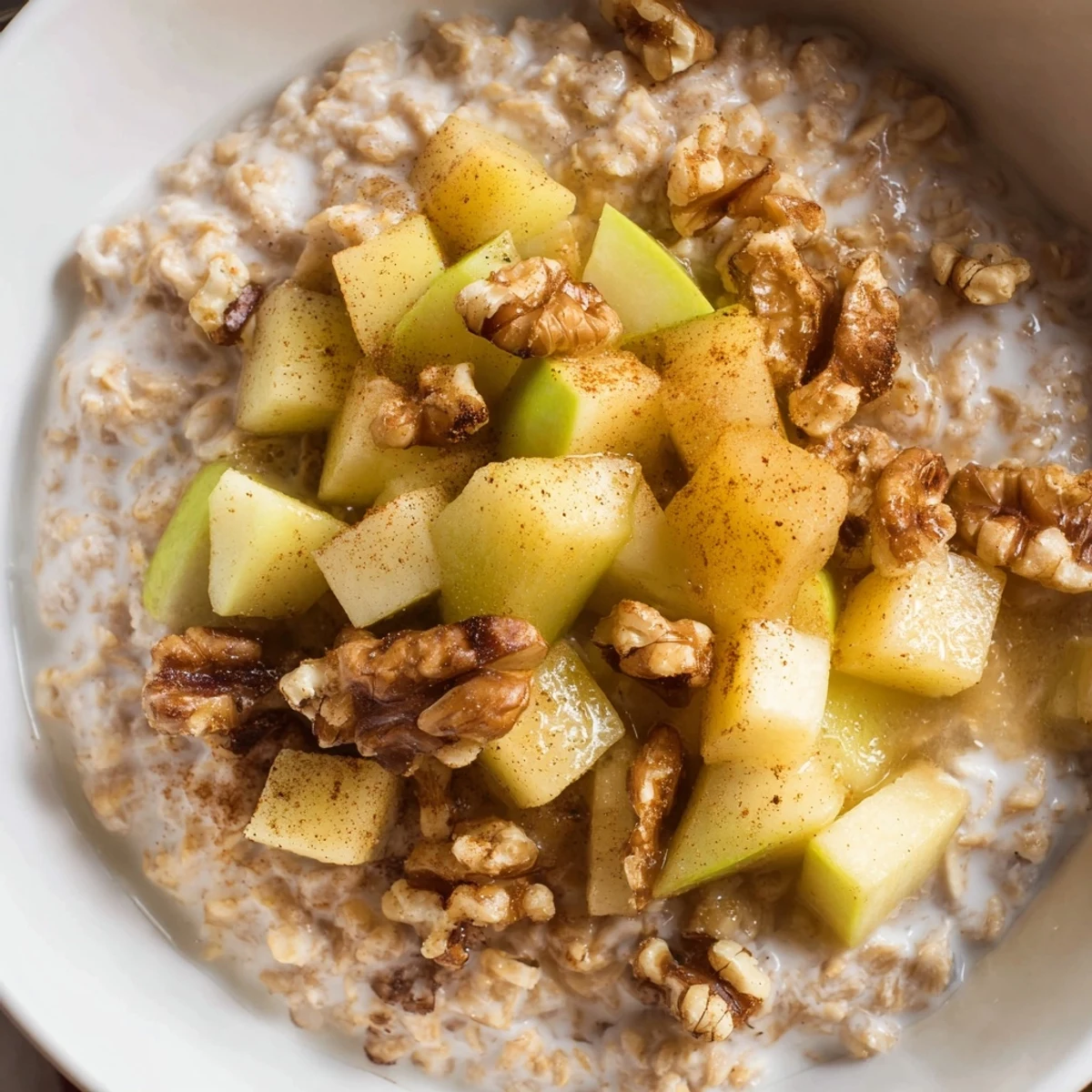 Warm and comforting apple pie oatmeal bowl topped with sautéed cinnamon apples, perfect for a cozy breakfast.