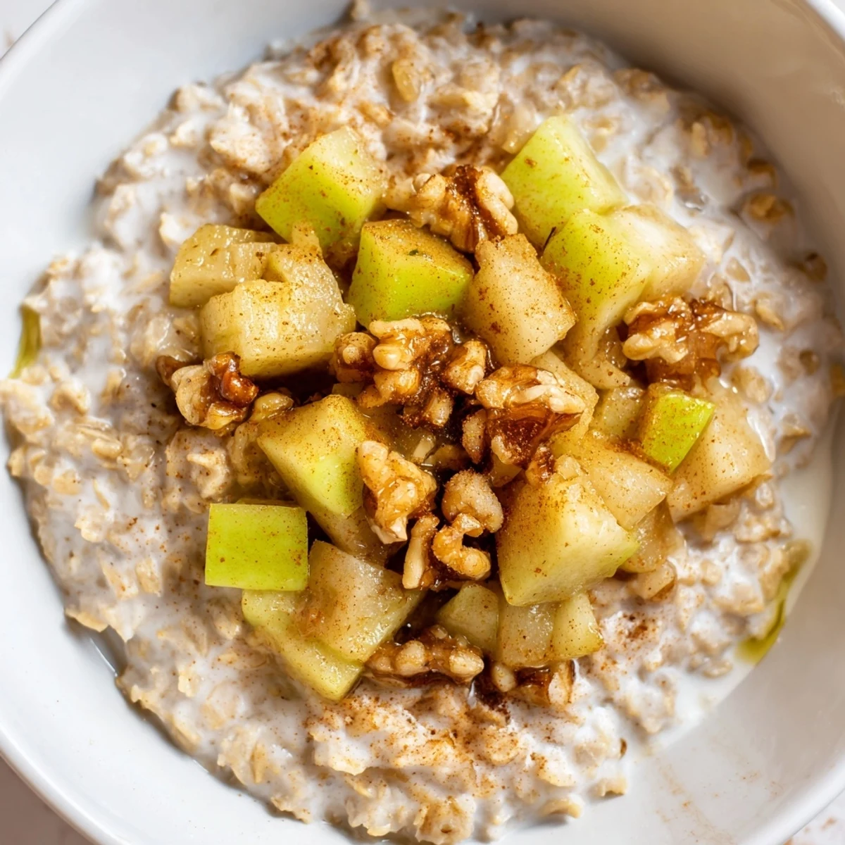 Enjoy a beautifully textured close-up of a delightful apple pie oatmeal bowl, ready to be savored.
