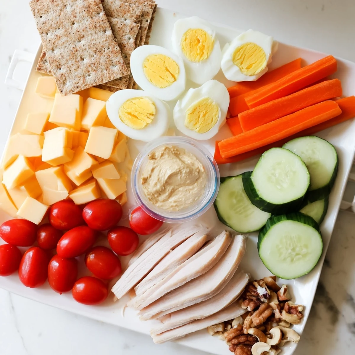 Freshly assembled Protein Snack Boxes, a colorful mix of healthy proteins, fruits, veggies, and crackers.