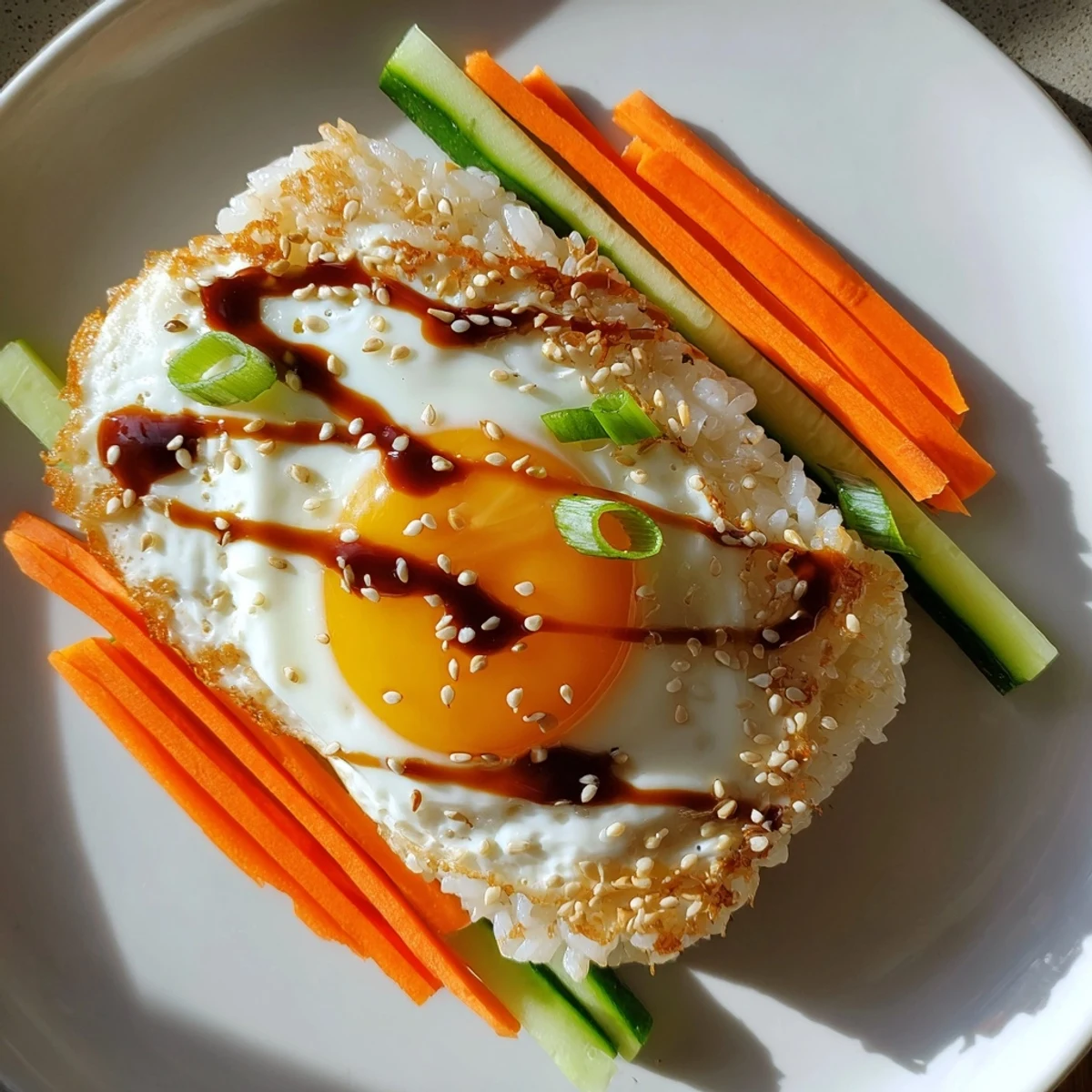 A crispy Egg Rice Bowl with a perfectly fried egg, ready to be enjoyed with fresh veggies.