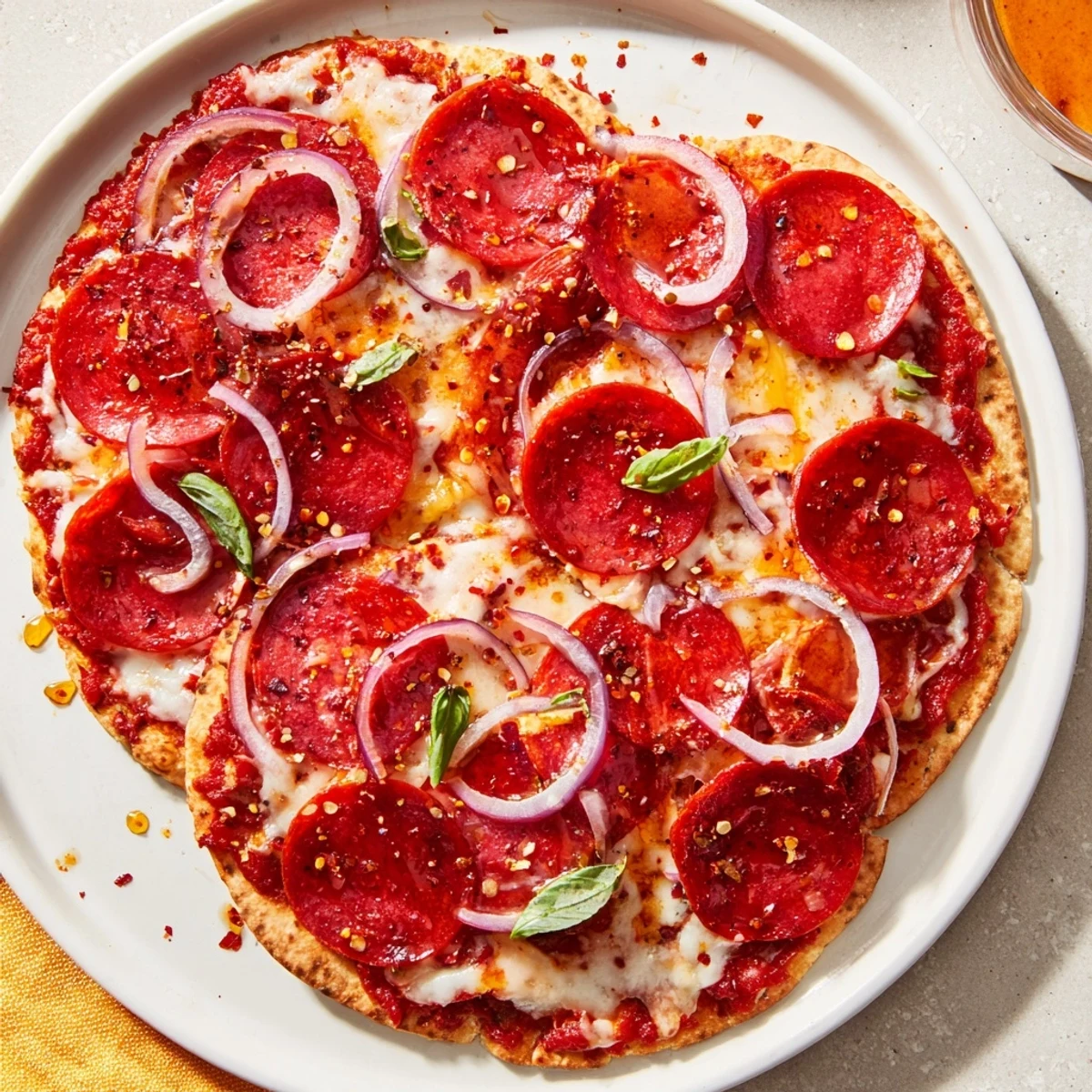 Crispy, cheesy Hot Honey Pepperoni Flatbread, dripping with sweet and spicy hot honey, looks delicious.