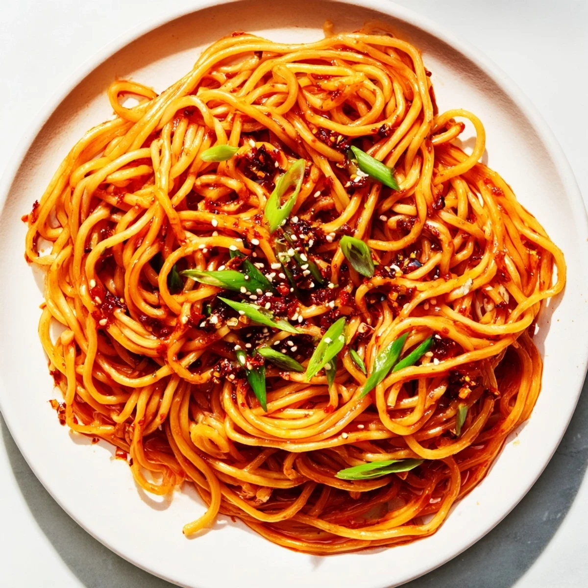 Steaming bowl of Garlic Chili Oil Noodles, a vibrant and flavorful vegan main dish.