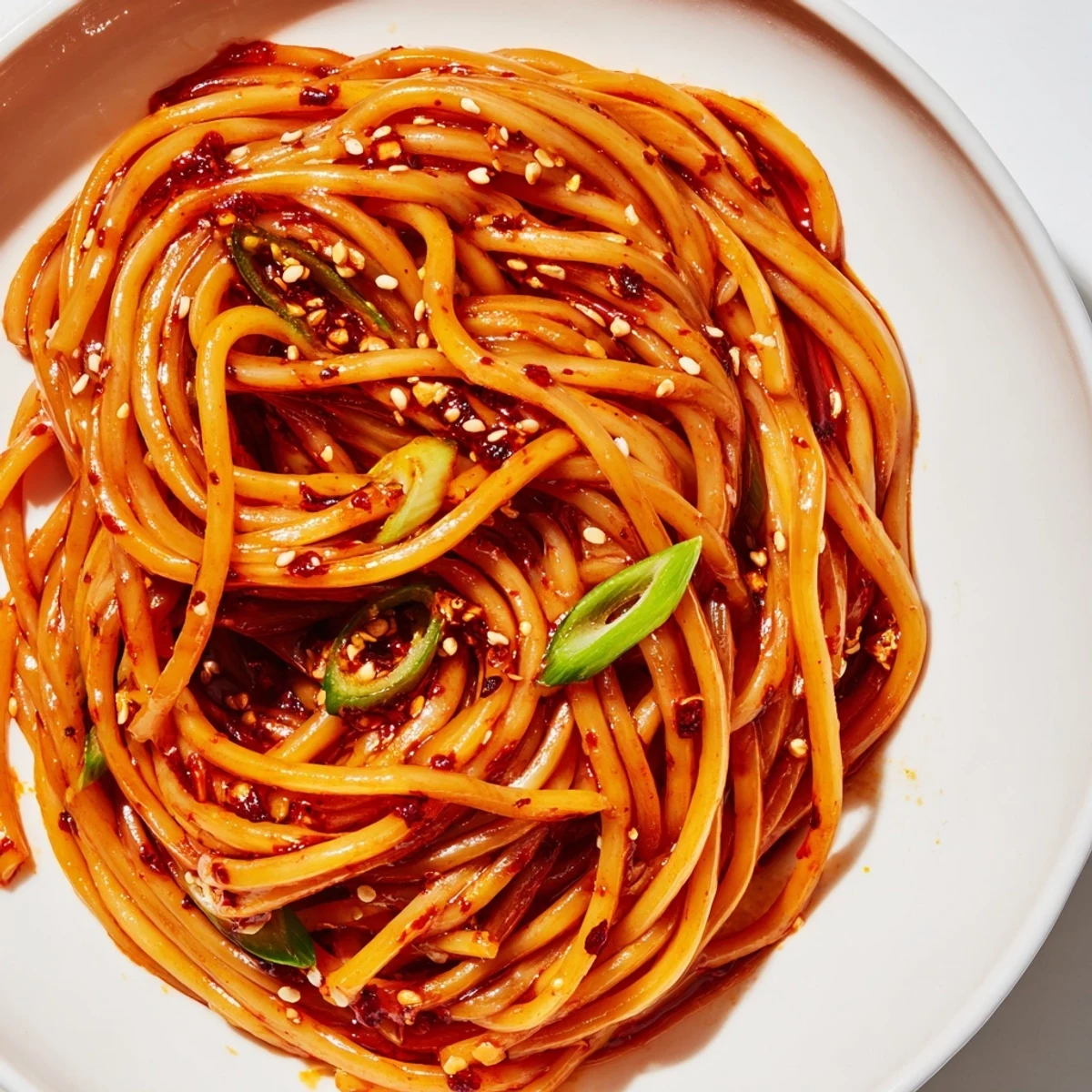 Close-up of perfectly coated Garlic Chili Oil Noodles, ready to eat for a spicy meal.