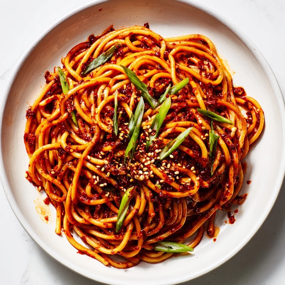 Savory Garlic Chili Oil Noodles, coated in a glistening, homemade chili oil sauce, ready to serve.