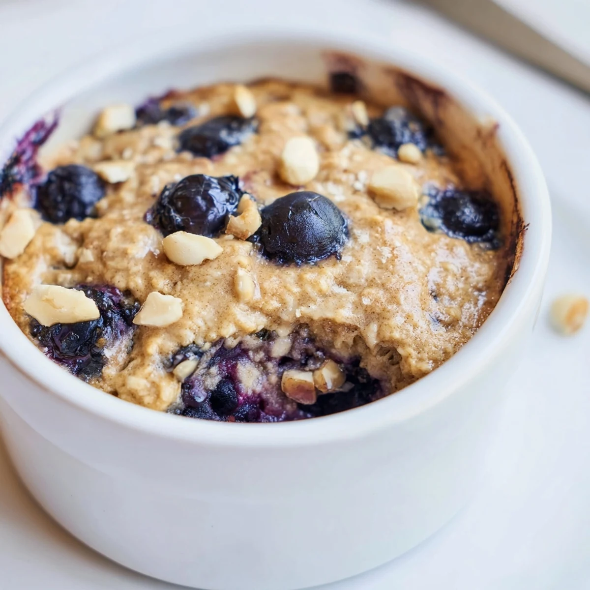 Warm, baked Blueberry Oats topped with plump blueberries; imagine the sweet, comforting breakfast.