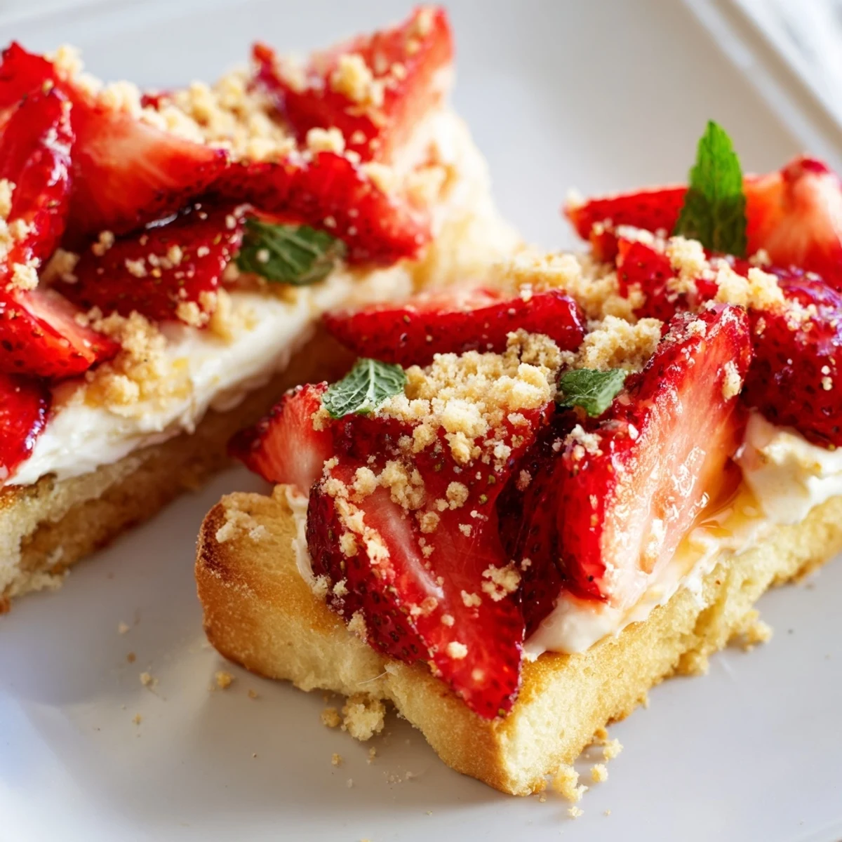 Strawberry Cheesecake Toast glistens, showcasing toasted bread topped with cream cheese and macerated strawberries.