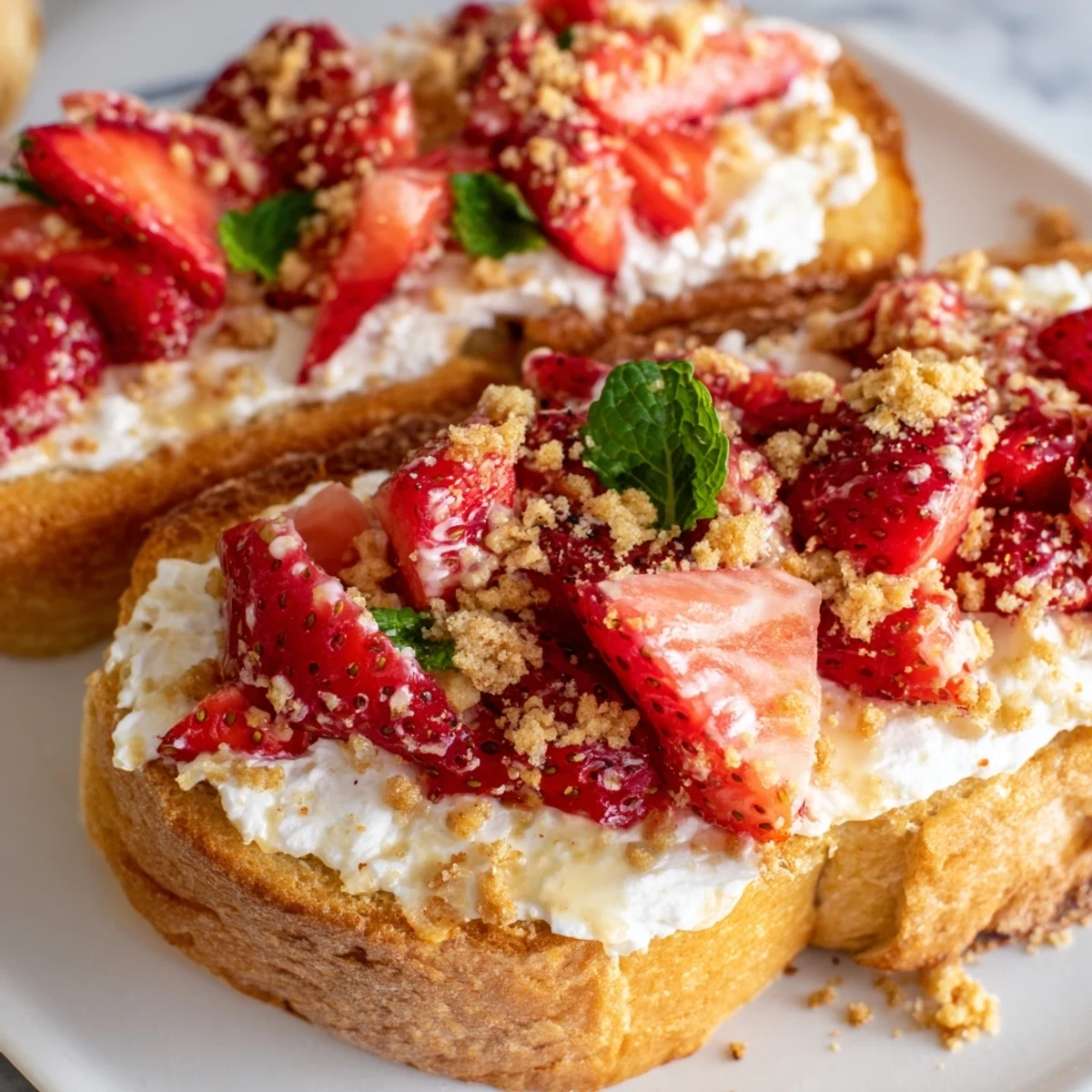Enjoy a visual treat: golden Strawberry Cheesecake Toast, showcasing fresh ingredients and elegant presentation.
