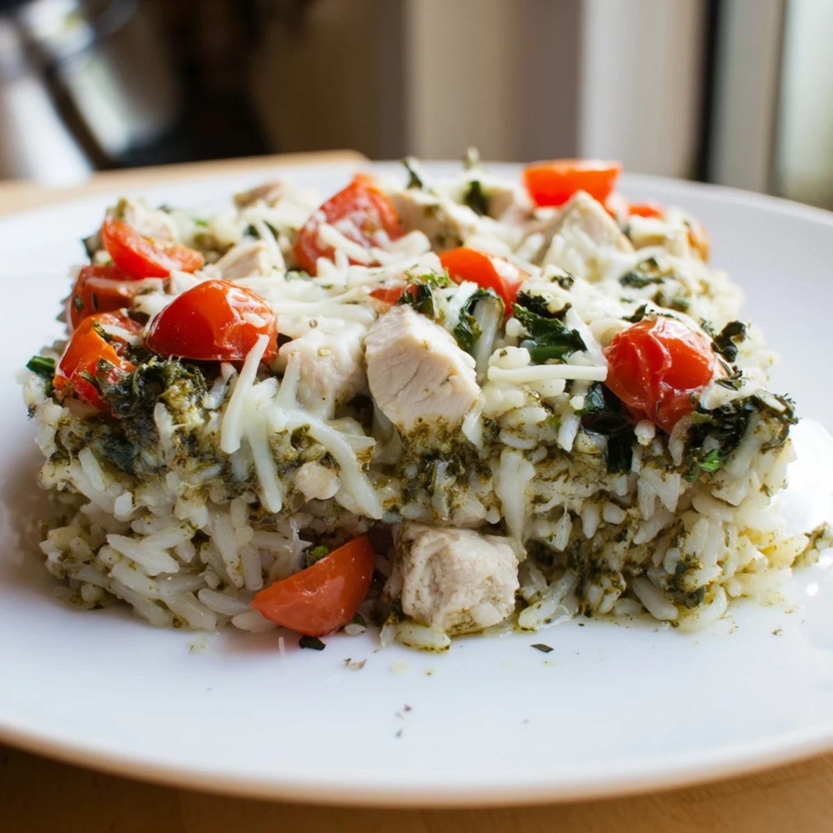 Chicken Pesto Rice Bake bubbling with melty mozzarella, perfect for a cozy, delicious family dinner.
