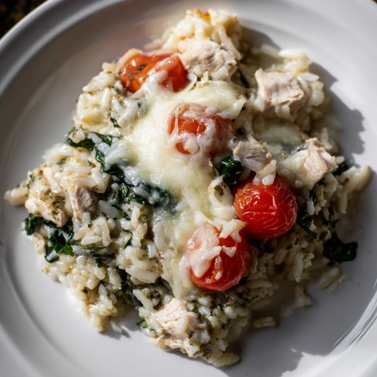 A steaming casserole of flavorful Chicken Pesto Rice Bake, ready to serve and enjoy for a comforting meal.