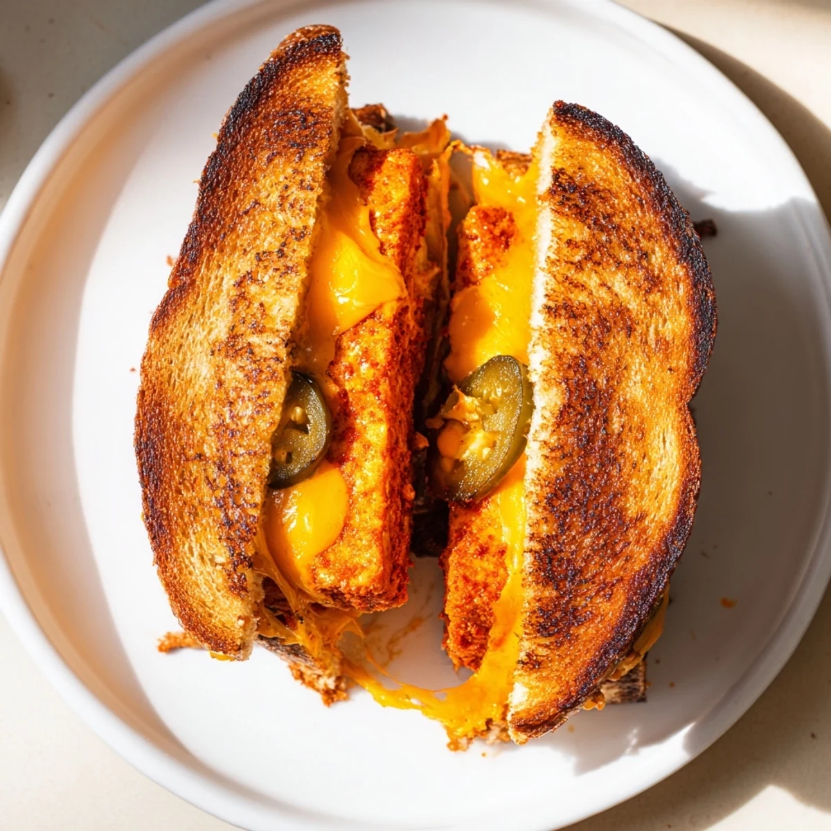 Delicious vegan comfort food: crispy Spicy Crispy Tofu Grilled Cheese on toasted sourdough bread.