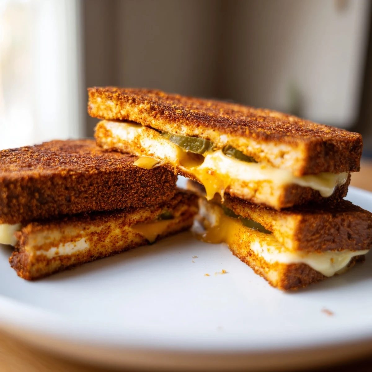 Golden-brown Spicy Crispy Tofu Grilled Cheese with melted vegan cheddar, ready to eat.