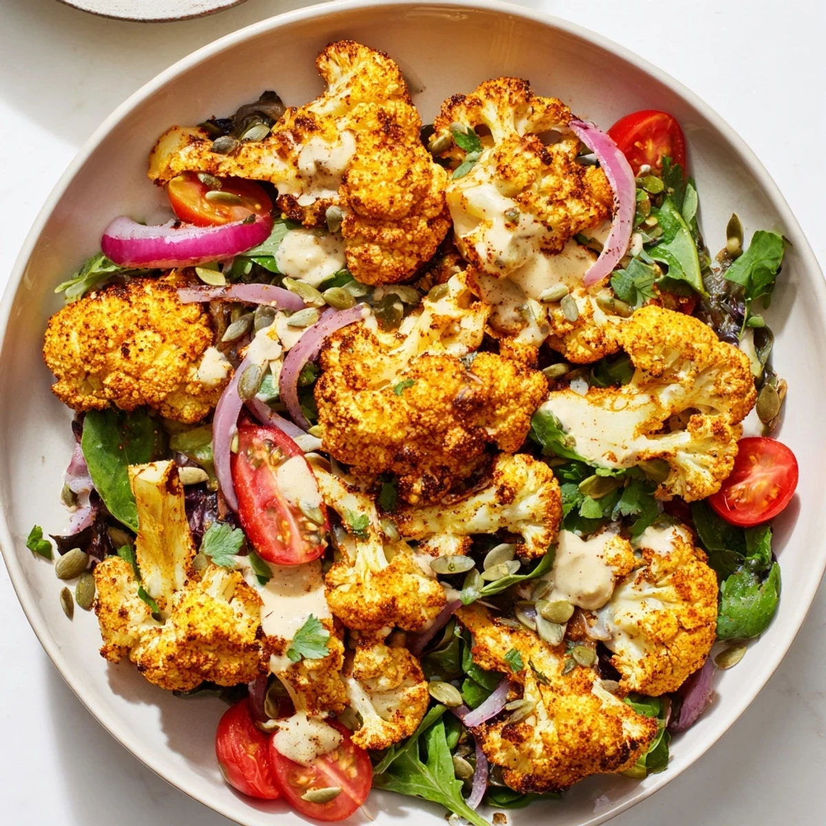 Golden-brown crispy cauliflower salad, drizzled with creamy tahini sauce over fresh greens.