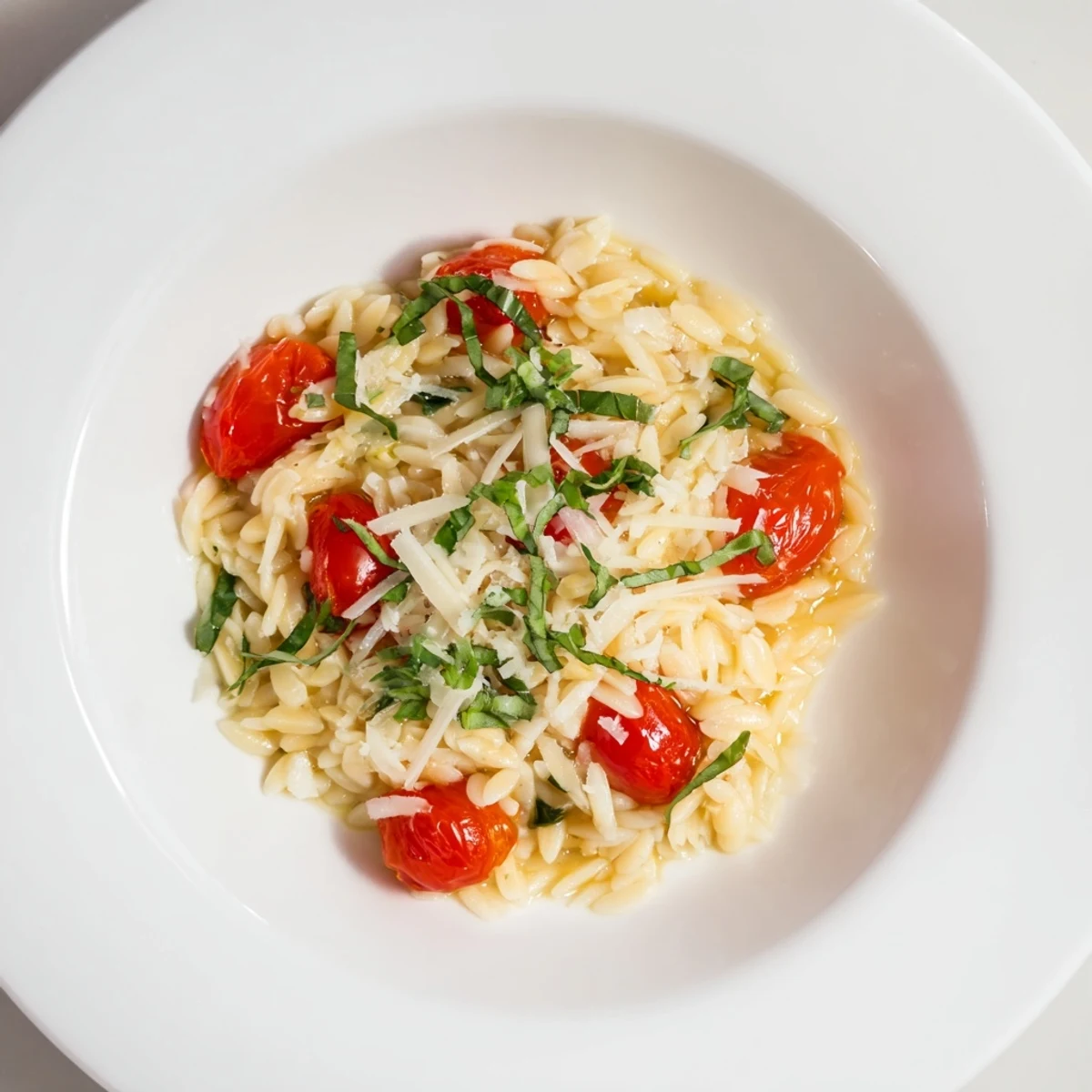 Steaming bowl of Orzo Tomato Parmesan with bright red tomatoes and fresh basil garnish.