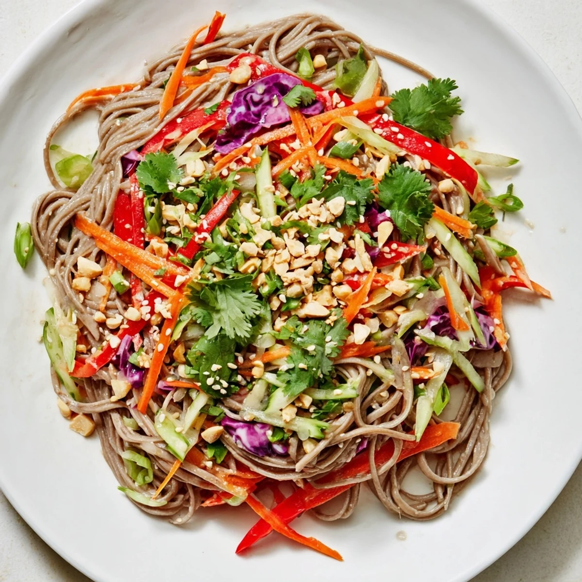 Chilled cold noodle salad, tossed in creamy sesame-ginger dressing; a delicious, vegetarian meal option.